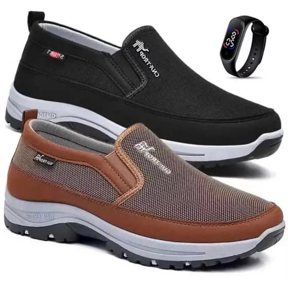 Kit 2 Pares De Tenis Sapatilha Mocasssin Masculino Ortopedico Adventure Com Solado Antiderrapante Macio + Relogio Led