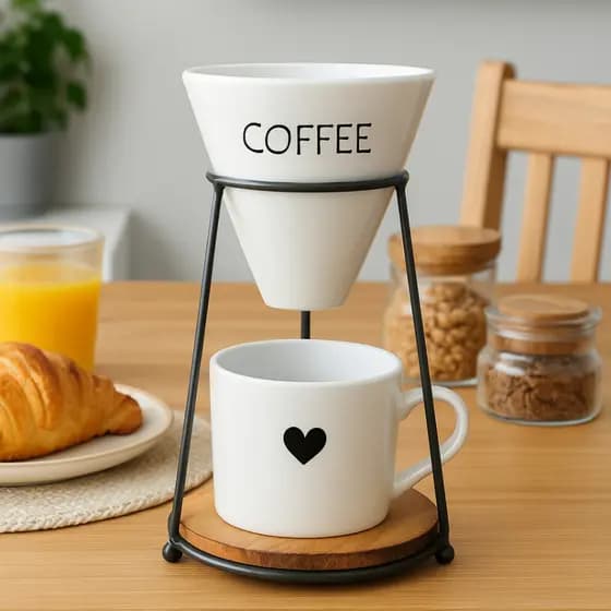 Kit Coador de Café Suporte Redondo Ferro Porcelana 250ml Mesa Posta Presente Dia dos Pais
