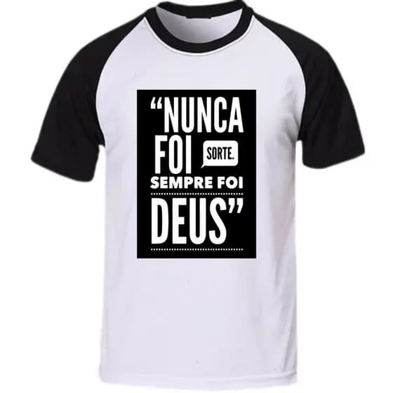 Camiseta Raglan Branca - Manga e Gola Preta com Frases