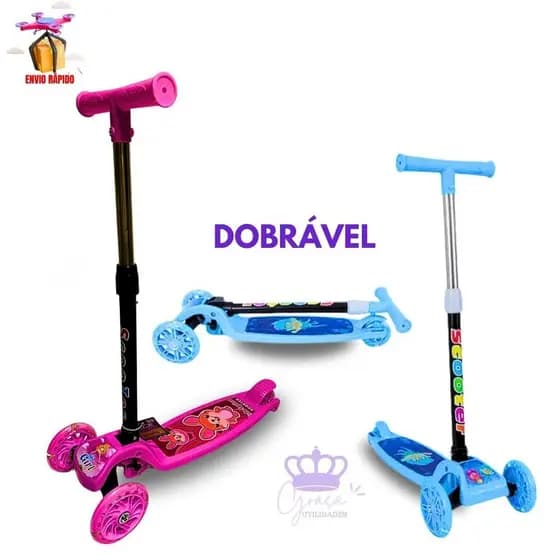 Patinete Infantil 3 Rodas De Led Dobrável Scooter Crianças Menino Menina Rosa Azul Resistente 30 Kg Oferta
