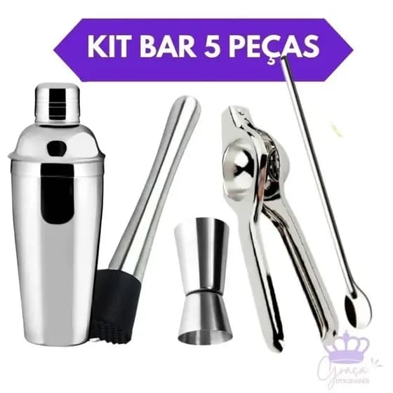 Kit Bar 5 Peças Coqueteleira De Inox Socador Dosador Duplo 30 e 60 Ml Espremedor De Limão Colher De Suco Caipirinha