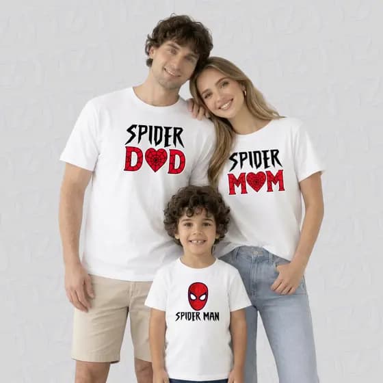 Conjunto 3 Camisetas Kit Família Spider Man mãe Pai e Filho 100% Algodão Camiseta Homem Aranha Masculino E Infantil