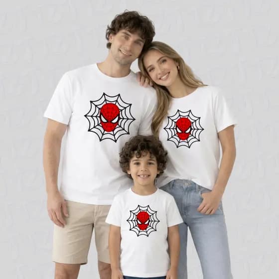 Kit Família 3 Camisetas 100% Algodão Homem Aranha Tshird Feminina Camiseta Masculina Super Herói Infantil