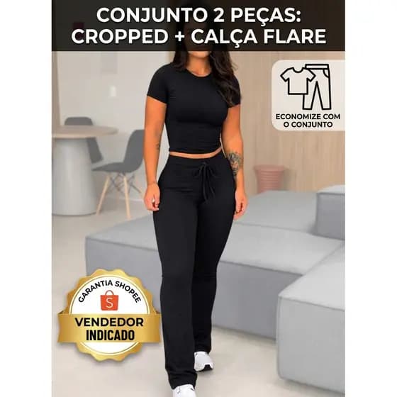 Conjunto Feminino Cropped Baby Tee + Calça Flare Bailarina Poliamida Premium Legging Moda Gringa