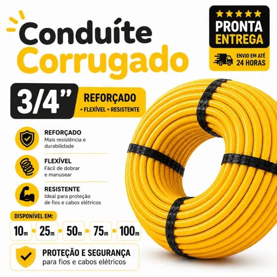 Conduíte Corrugado 3/4 Reforçado Flexível Amarelo Eletroduto Proteção Fios Elétricos