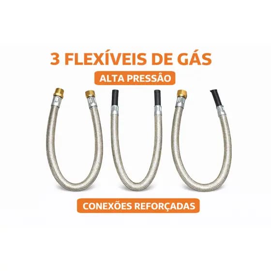Mangueira Gás Flexível Inox 3/8 com Terminais 1/2 Trama Aço Certificada Fogão Cooktop Gás Encanado