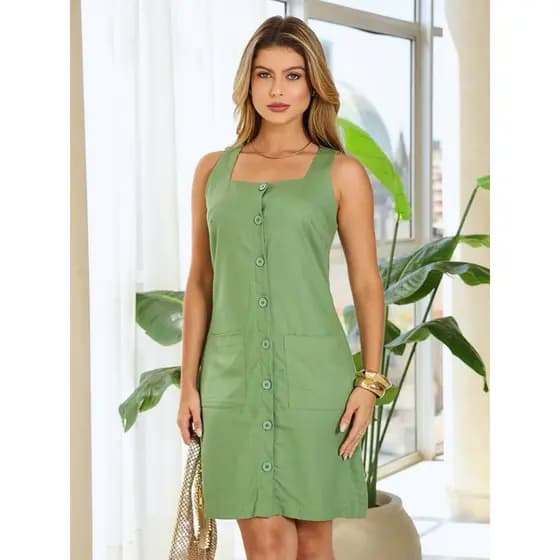 Vestido Linho Feminino Botão Funcional Elegância Alfaiataria Moda Verão