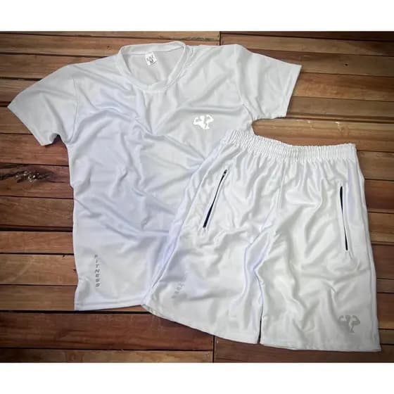 Kit Masculino Para Treinar Todo Branco Camisa e Bermuda Fitness - Pronta Entrega - Envio Imediato + Diversas Cores !