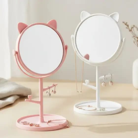 ESPELHO MESA REDONDO GATINHO COM SUPORTE JOIAS PLÁSTICO PP E VIDRO PENTEADEIRA MAKE GATO GATEIRA