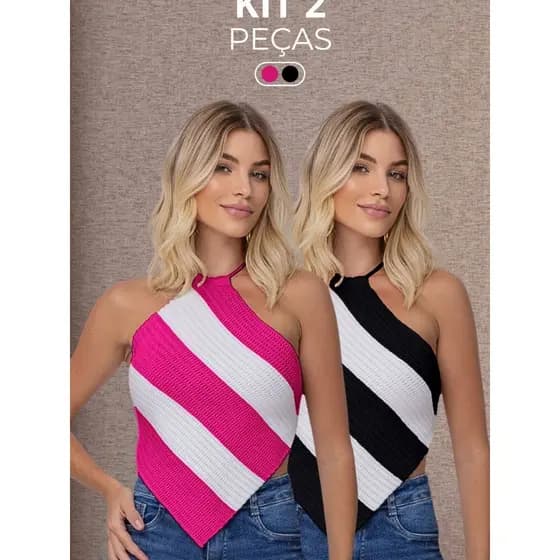 Kit 2 Top Lenço Listrado Cropped Feminino Tricot Modal Moda Blogueira Tendencia