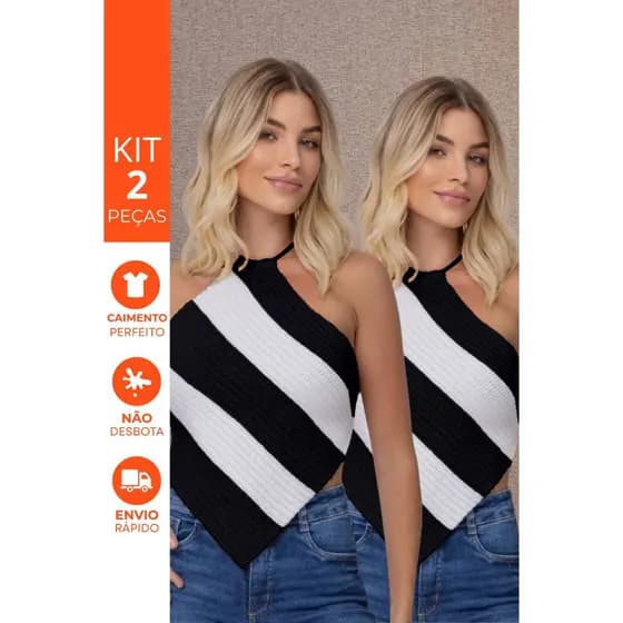 Kit 2 Top Lenço Listrado Cropped Feminino Tricot Modal