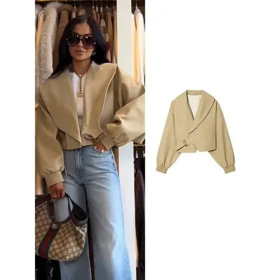Jaqueta Bomber Elegante com Lapela TFMLN para Mulheres, Casaco de Manga Longa para Primavera e Outono, Moda Casual Chic