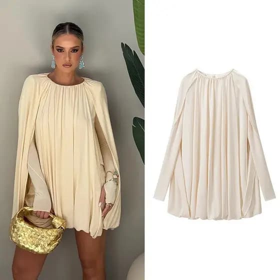 Vestido Elegante Feminino para Primavera e Verão, Manga Longa, Estilo Capa, Plissado, Solto, para Uso Casual e em Festas