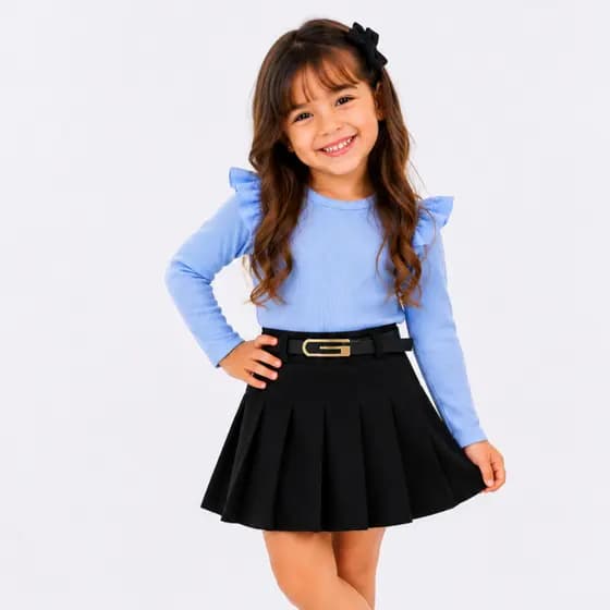 KIT 3 PEÇAS conjunto infantil blusa manga longa + short saia e cinto tamanhos 4,6,8,10,12