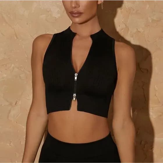 Conjunto Feminino Fitness Top Canelado 3D Ziper Sem Bojo + Short Canelado 3D Sem Empina Compressão