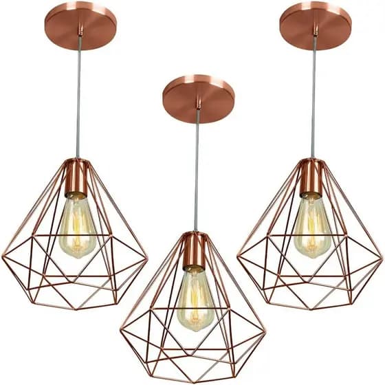 Kit 3 Pendentes Diamante Aramado Rose Gold Lustres de Teto Com Cabo 1 Metro Regulável