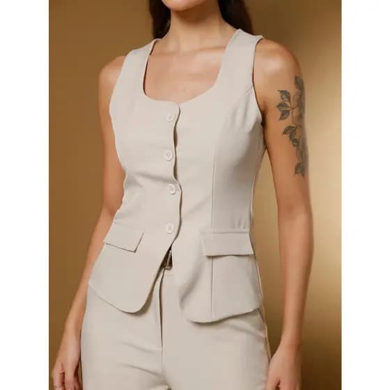 Oito W MODAS Conjunto feminino Tecido Twill marrant linho Coleto com Calça chic Social calca com bolso modelo