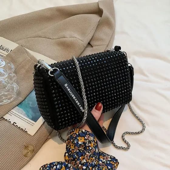 Bolsa Feminina Glitter Strass Brilho Com Alça Corrente E Uma Alça De Mão Bolsa De Festas