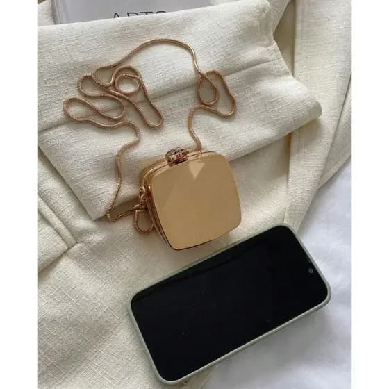 Bolsa Pequena Metálica Espelhada Quadrada Mini Tiracolo Com Espelho