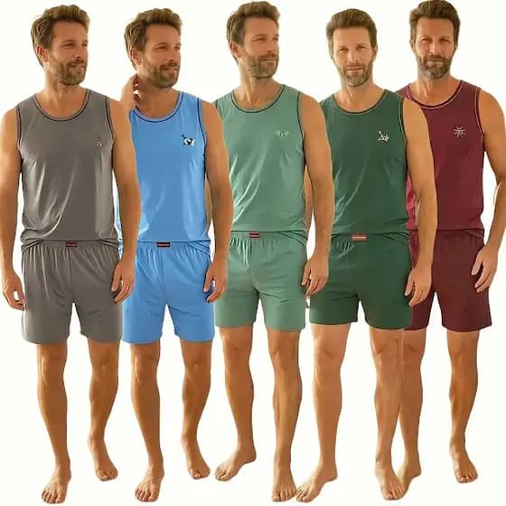 Pijama Masculino Adulto 072 Bermuda Com Regata Moderno E Aplicação De Bordado