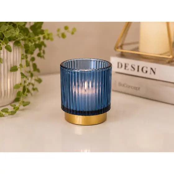 Porta Vela Vidro Azul Decorativo Castiçal Moderno Elegante Luxo