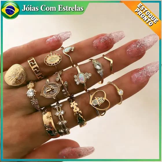 Conjunto 15 Anéis Modelo Moeda e Retrato Feminino Estilo Retrô Acessório de Moda