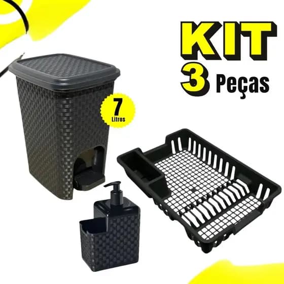 Kit Lixeira 7 Litros + Porta Detergente + Escorredor Louça