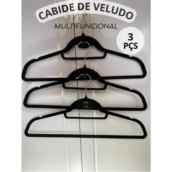 kit 3 Cabides De Veludo Premium Slim Preto Antideslizante Ultra Fino Vestido Alça Cachecol Terno