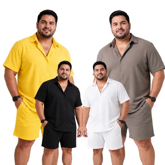CONJUNTO MASCULINO ADULTO DE SHORTS E CAMISA PLUS SIZE NO VISCOSE G1,G2,G3 CORES LISAS PRETO BRANCO