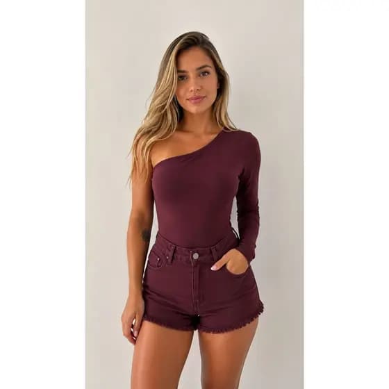 Body Feminino Mula Manca Manga Longa Ombro Único Elegante Tendência