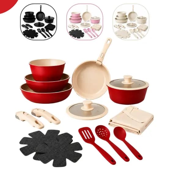 Kit Panelas Frigideira Antiaderente 15 Peças Cabo Removível Preto Bege Rosa Vermelho Qualidade