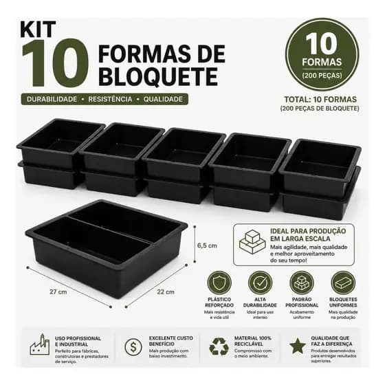 Forma Manual Bloquete Retangular Concreto Resistente Kit com 10 medidas 20x10cmx6cm