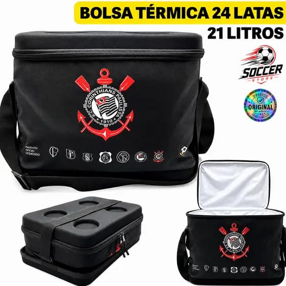 Bolsa Térmica Corinthians 24 Latas + Gelo Porta Copo Impermeável 21L Cooler Térmico Presente Futebol
