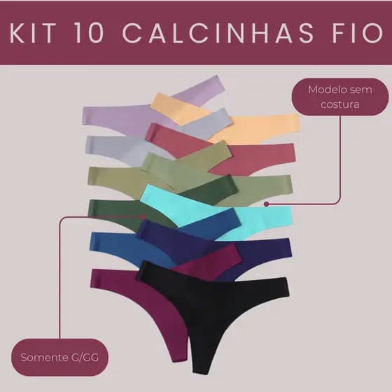 Kit 10 Calcinhas Fio Dental Sem Costura Conforto Molde Grande - G/GG