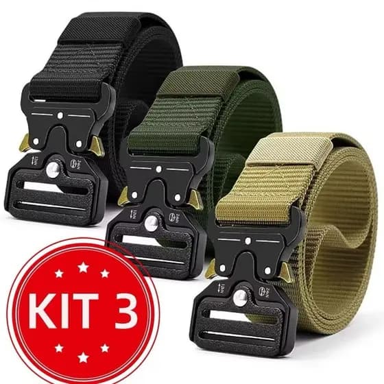 Kit 3 Cintos Preto Marrom Verde Moda Largo Masculino Nylon Fivela Liga de Zinco e Engate Rápido