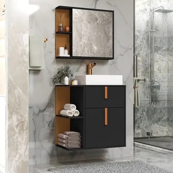Kit de Banheiro anglo Gabinete com Cuba e Espelheira cor Preto/Nature - MJM Casa dos Móveis