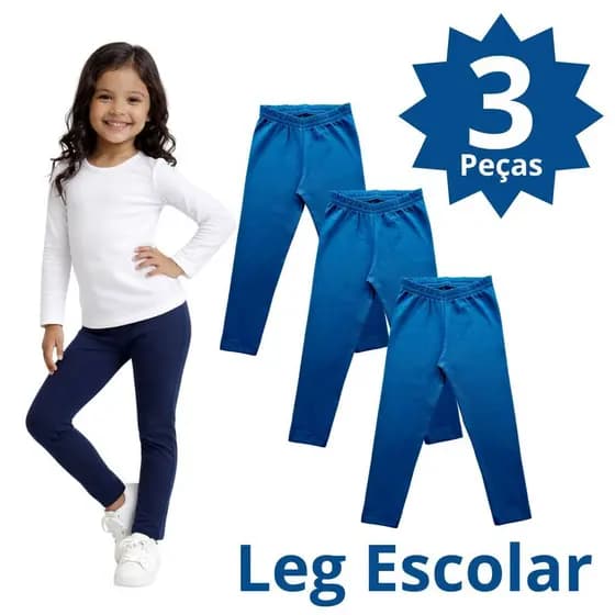 Kit 3 Calças Legging Escolar Azul Marinho Verde de Cotton Algodão Uniforme 2 a 12 Anos