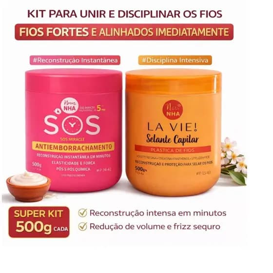 Kit Reconstrução Profissional NHA – SOS Antiemborrachamento + Selante Capilar La Vie! Plástica de Fios – Força, Brilho