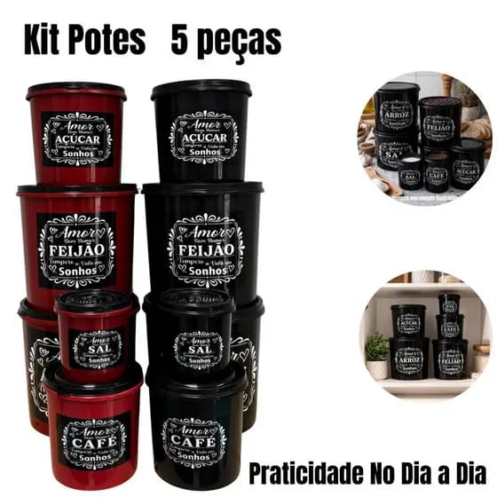 Organizadores Cozinha Kit 5 Potes Mantimentos Plástico Alimentos Secos