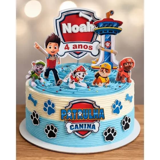 Topo de Bolo Personalizado Patrulha Canina 3D com Nome e Idade Papel Fotográfico 180g