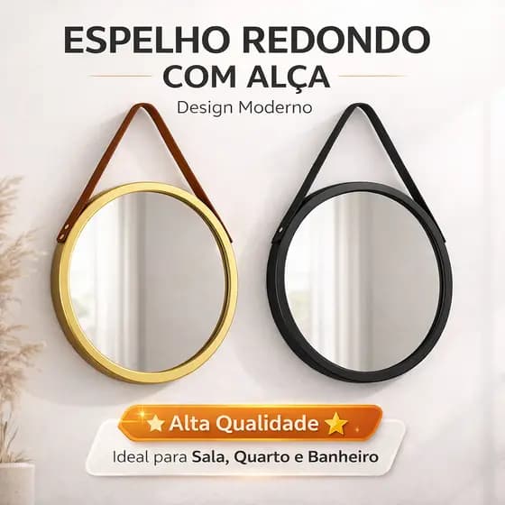 Espelho Decorativo Redondo com Alça Dourado e Preto | Espelho de Parede Moderno para Sala Quarto Banheiro |ESP034|