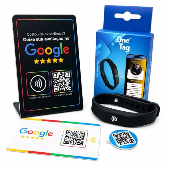 Google avaliação plaquinha com pulseira, cartão e tag (aproximação nfc e qrcode encostar) onetag
