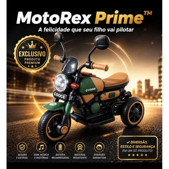 Moto Elétrica Infantil 3 Rodas MotoRex Prime™ com Som, Música e Luz – Moto Infantil Recarregável Estilo Retrô Segura e R
