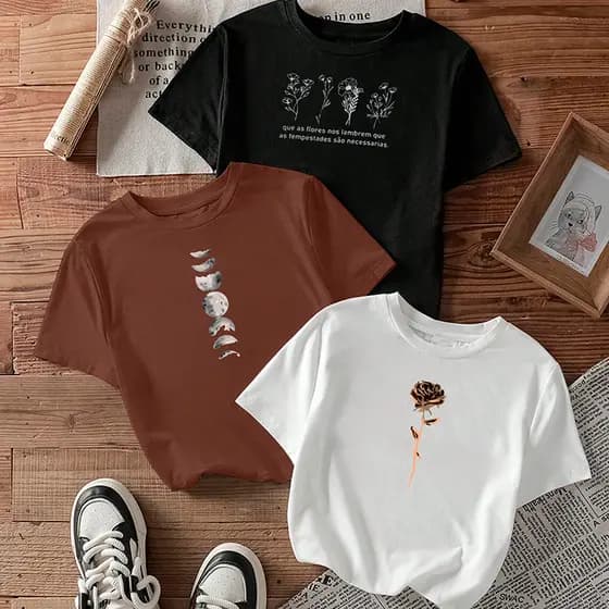 kit3 Camisetas feminina de algodão Flores fases da Lua Rosa off white malha premium T-Shirts
