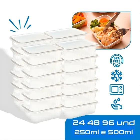 Marmitas Fit Pote Descartável Retangular Plástico Freezer Microondas com Tampas
