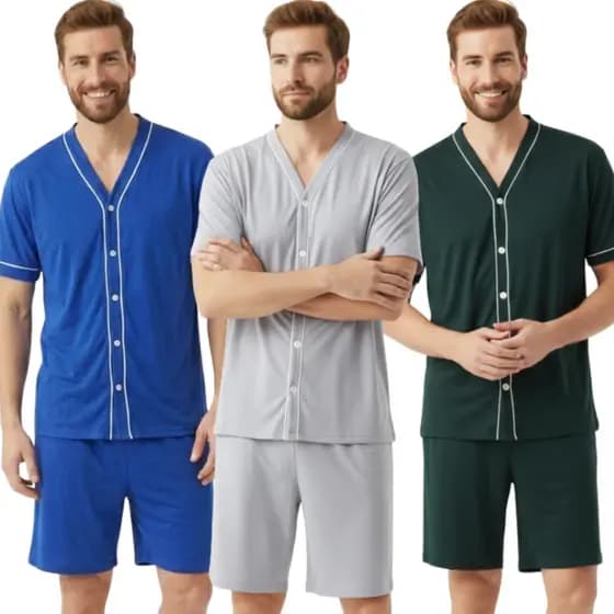 Pijama Masculino Manga Curta Liso/ Pijama com Botões