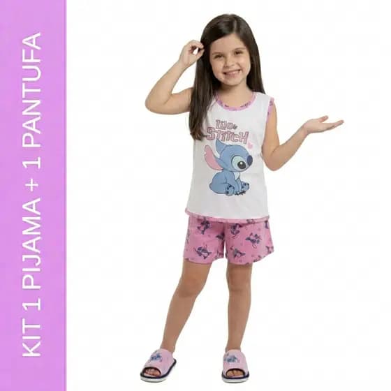 KIT Baby Doll Infantil Stitch e Pantufa / Pijama de Menina Regata
