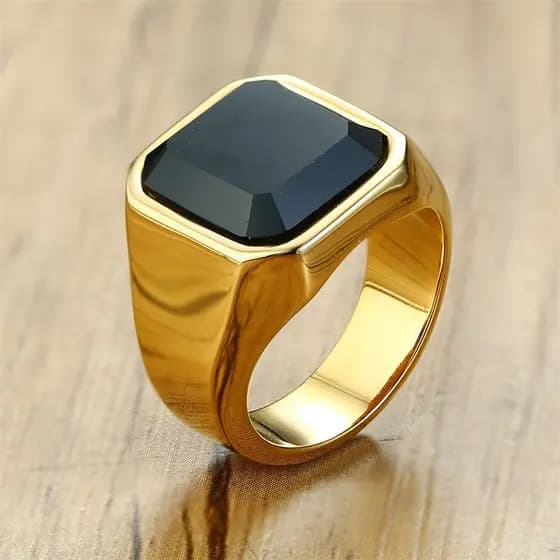 Elegante Mens Signet Pinky Anel De Prata De Ouro De Aço Inoxidável Preto Pedra Masculino Acessório