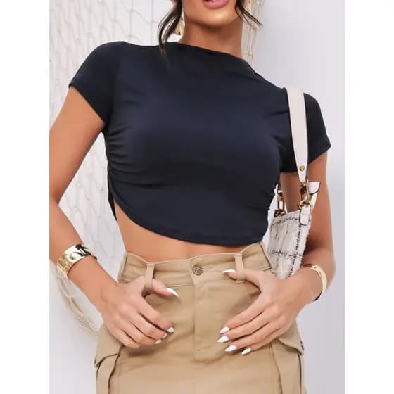 Camiseta Basica Feminina Manga Curto Gola Alta Cropped