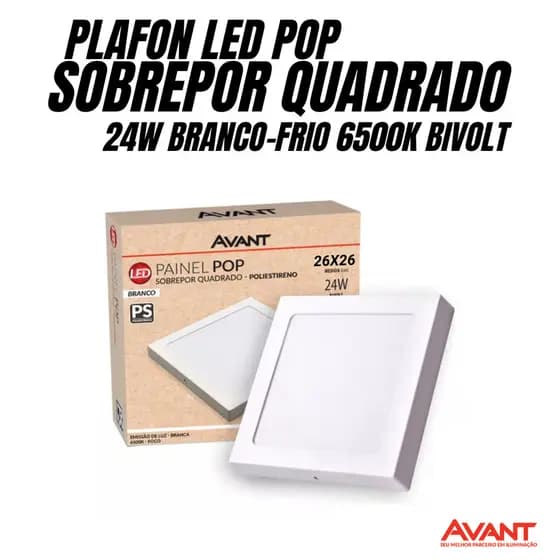 PLAFON 24W AVANT POP LED SOBREPOR QUADRADO PAINEL BRANCO FRIO 6500K